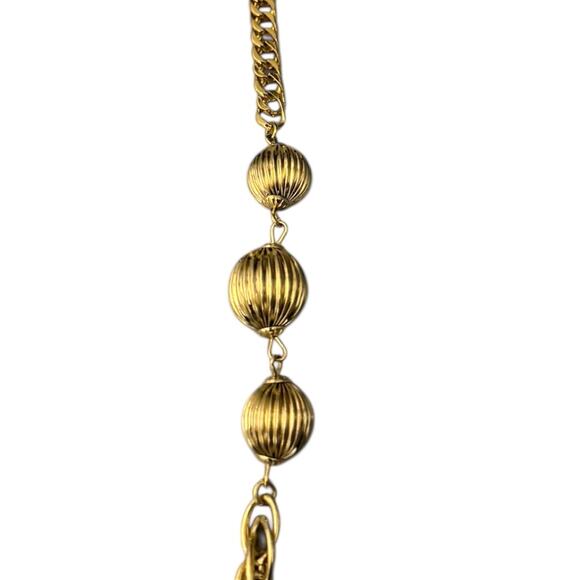 NLH Gold Tone Ribbed Bead Station Rope Chain Necklace 34” Long Statement Vintage - Picture 3 of 6